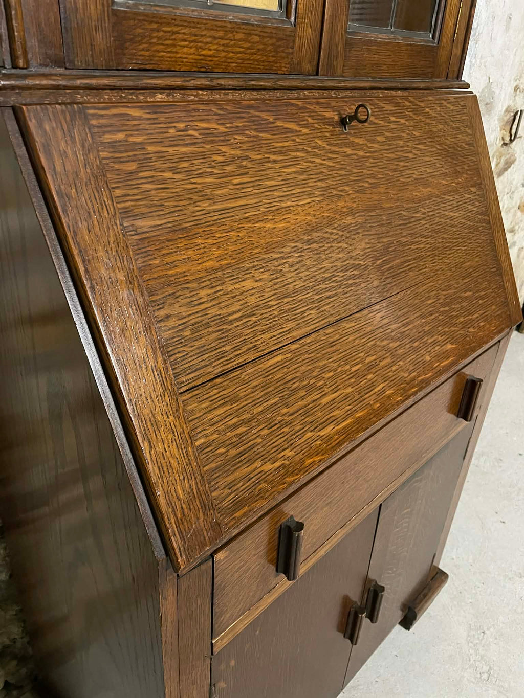 Secrétaire vitrine en chêne meuble 2 corps avec abattant