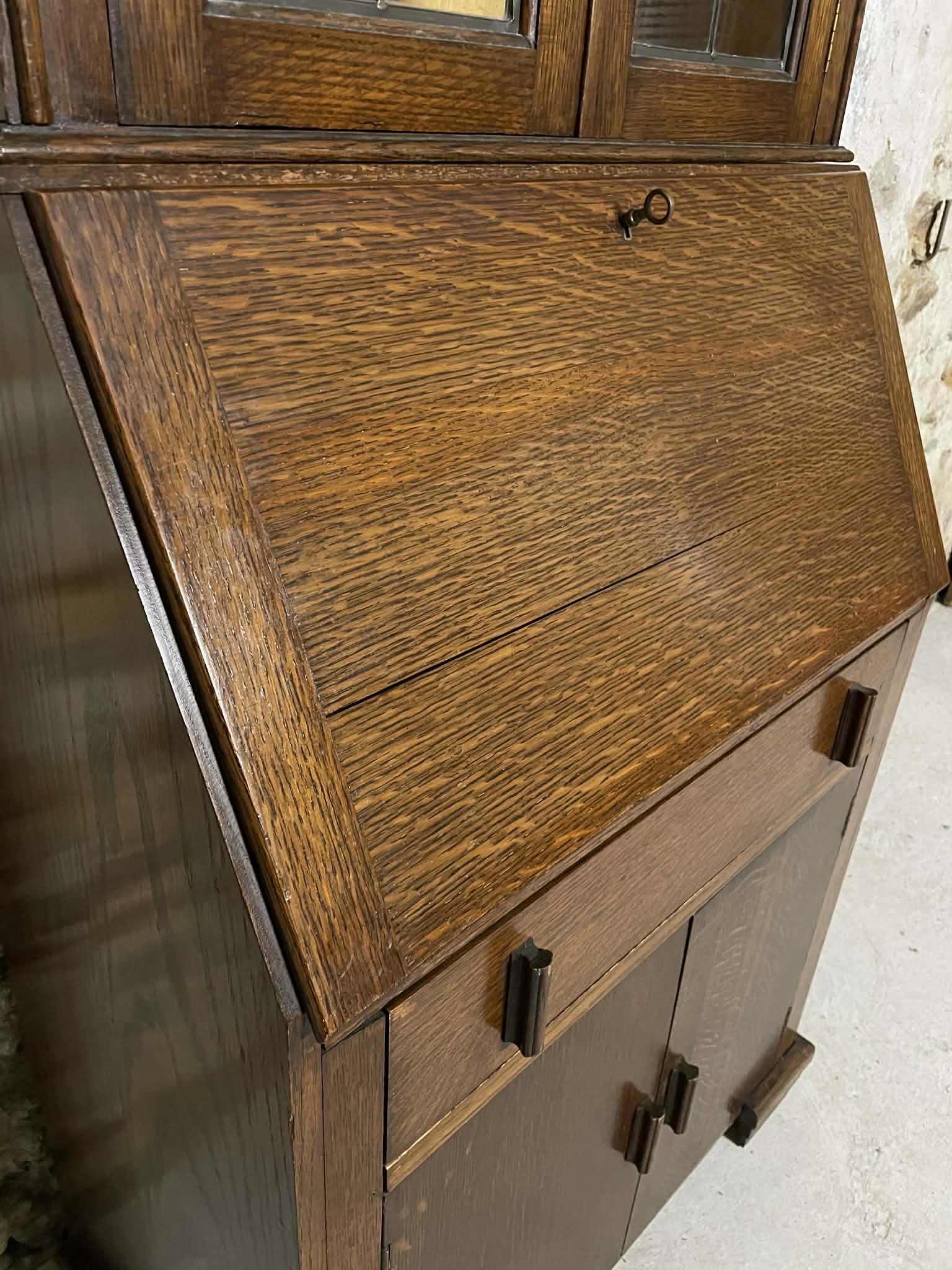 Secrétaire vitrine en chêne meuble 2 corps avec abattant