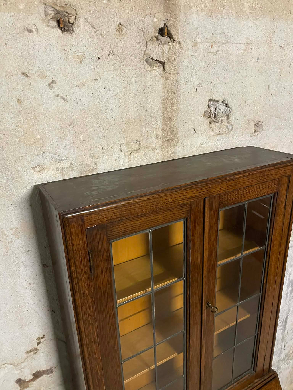 Secrétaire vitrine en chêne meuble 2 corps avec abattant