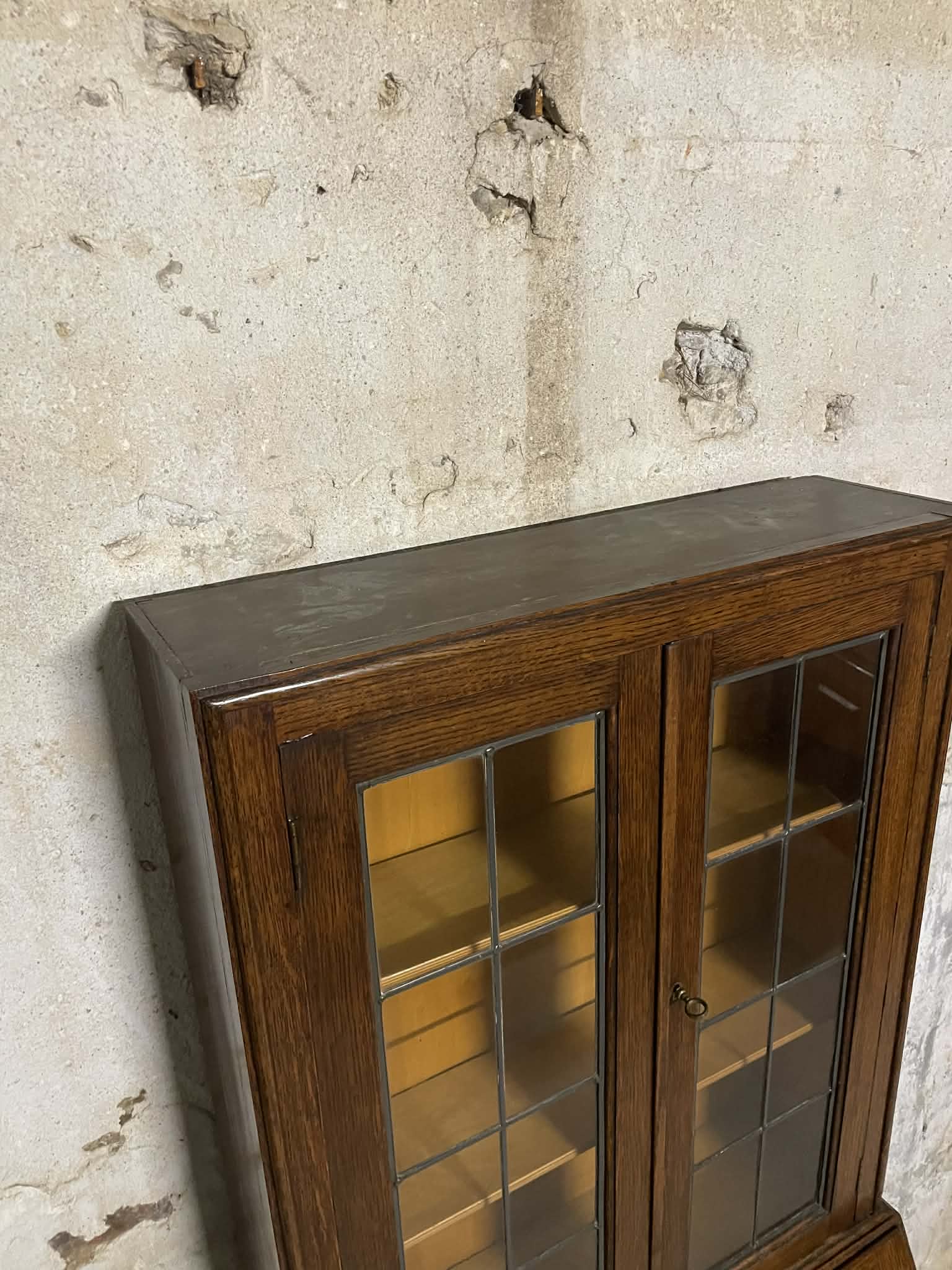 Secrétaire vitrine en chêne meuble 2 corps avec abattant