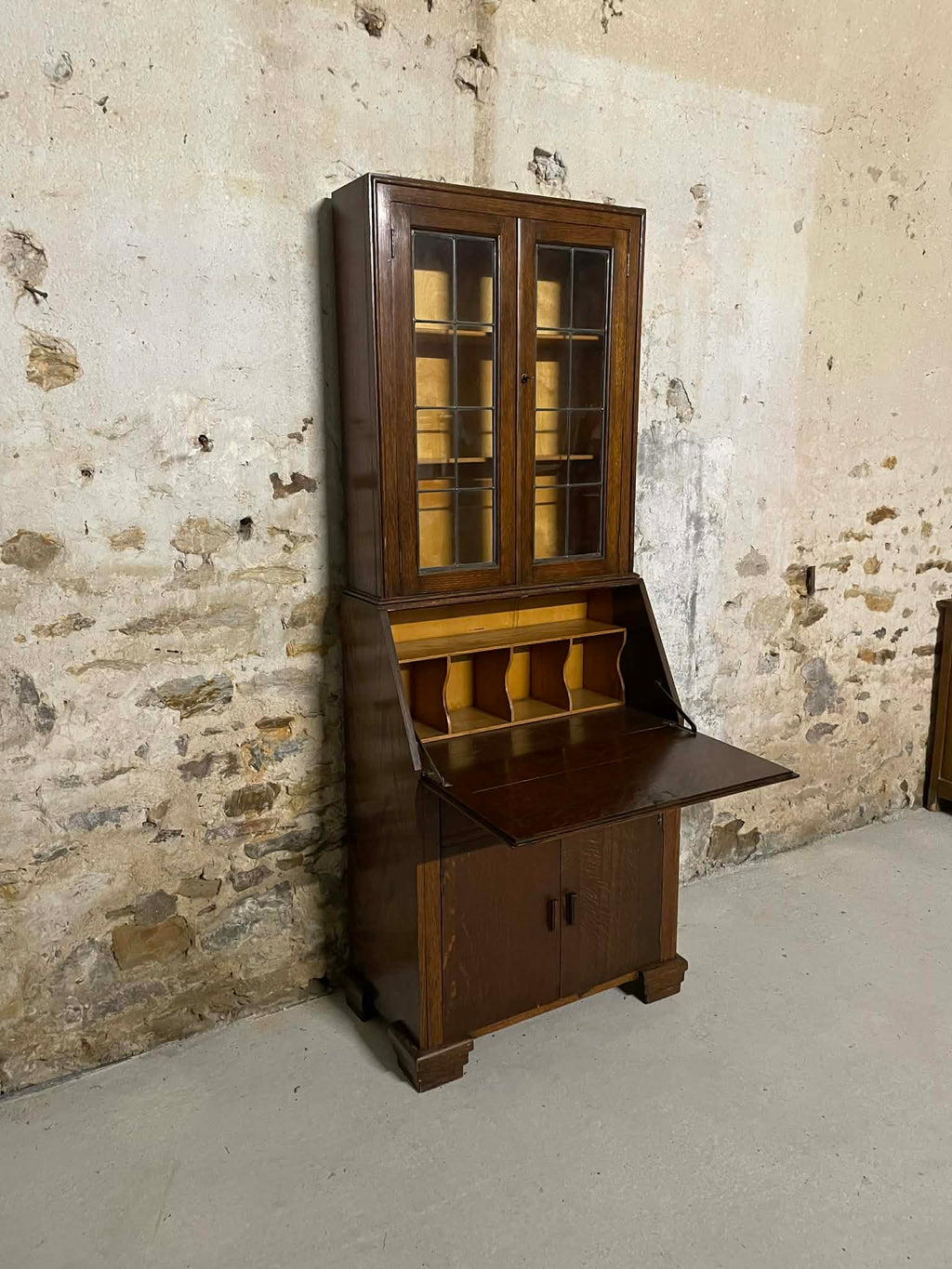 Secrétaire vitrine en chêne meuble 2 corps avec abattant
