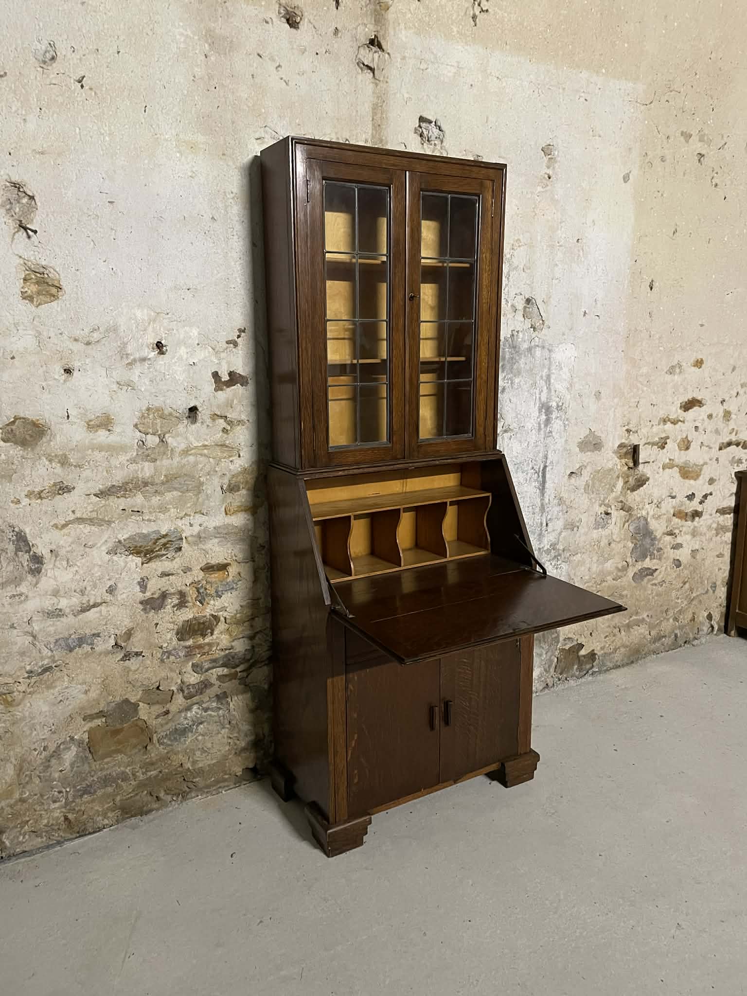 Secrétaire vitrine en chêne meuble 2 corps avec abattant