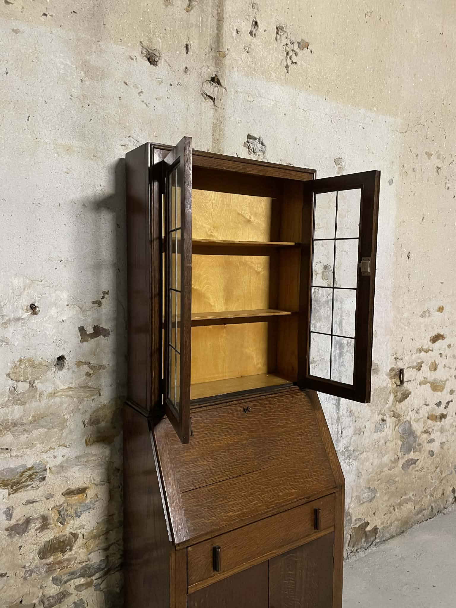 Secrétaire vitrine en chêne meuble 2 corps avec abattant