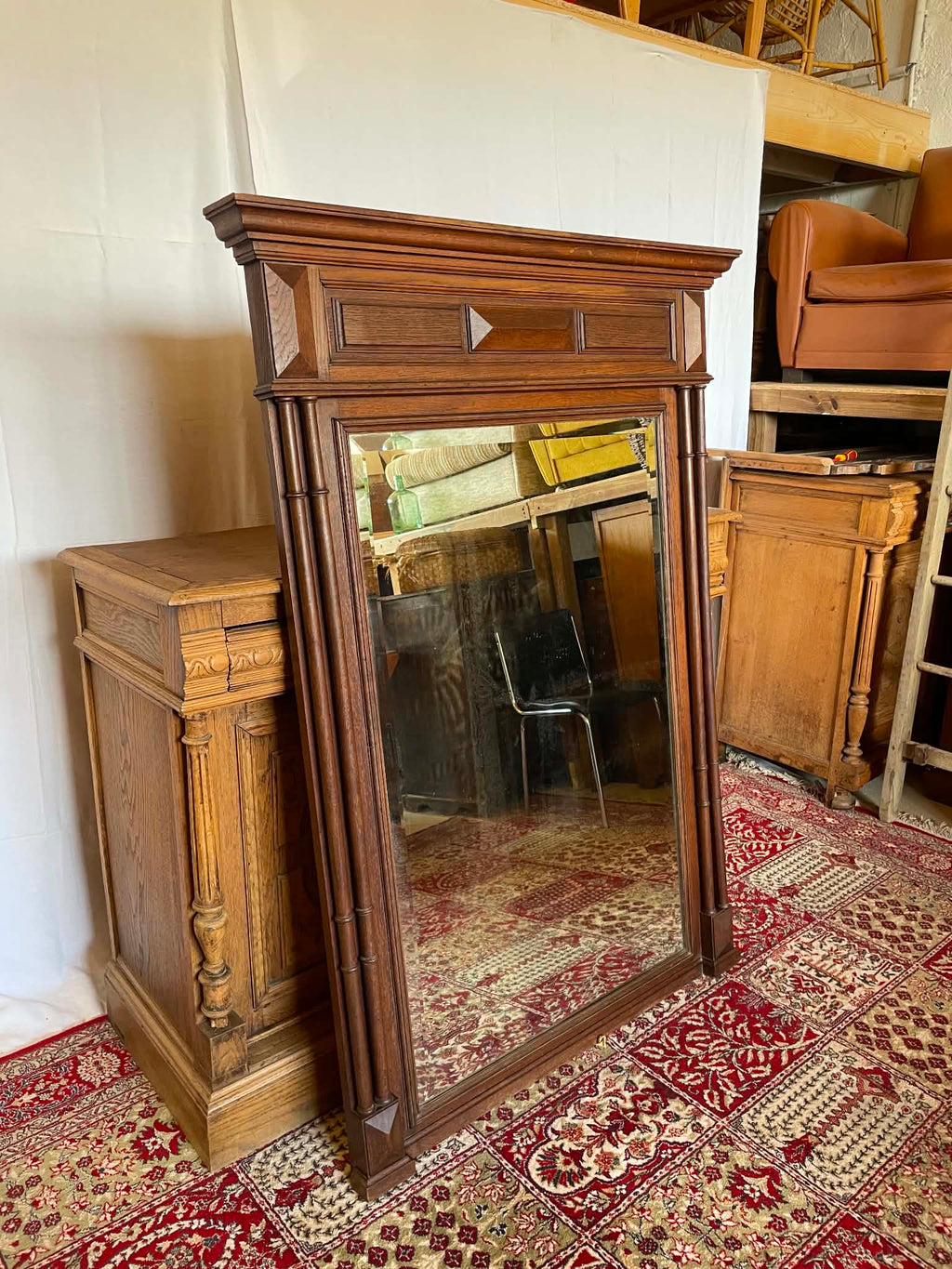 Grand miroir trumeau ancien en chêne massif – Style Henri II
