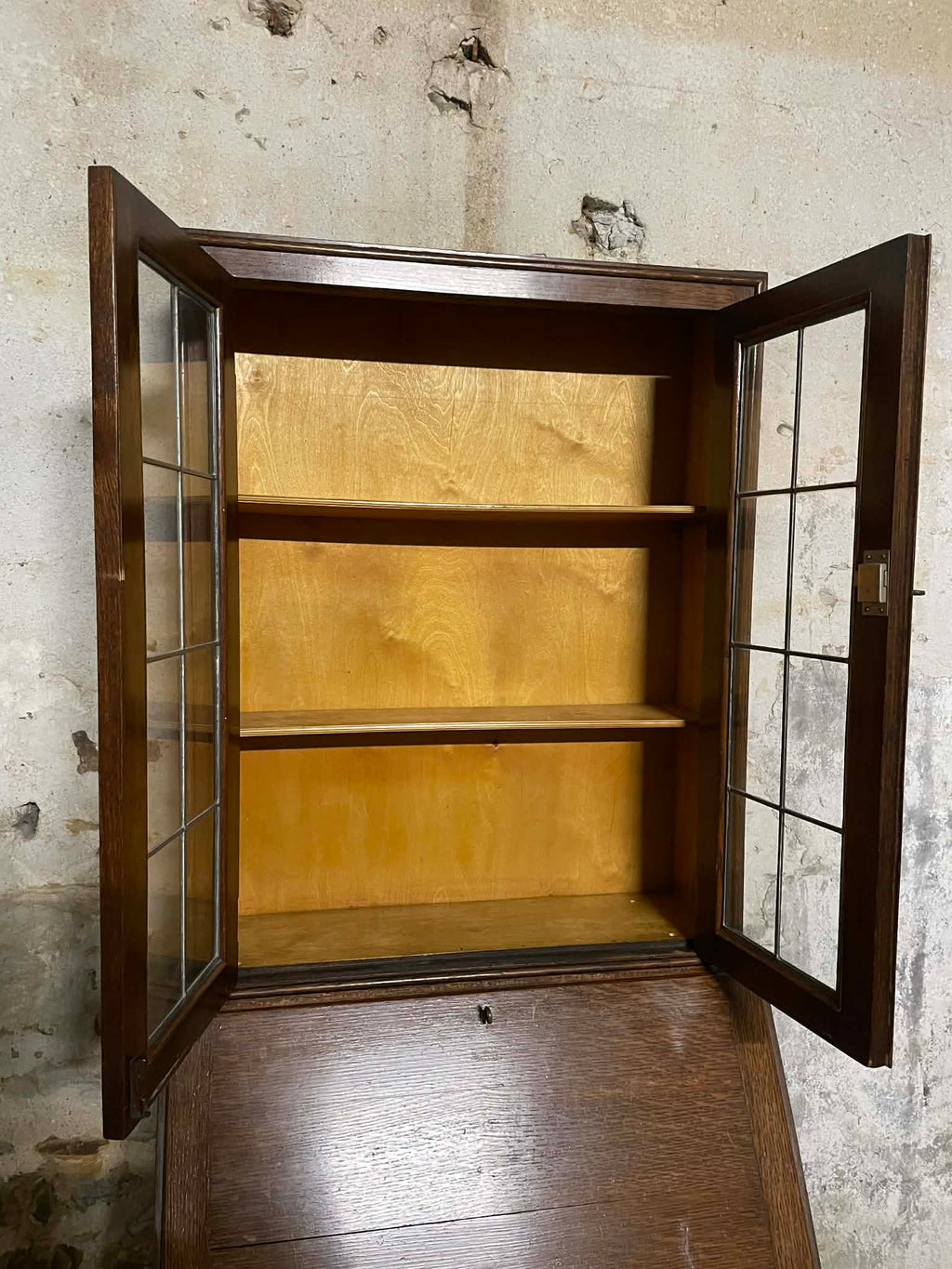 Secrétaire vitrine en chêne meuble 2 corps avec abattant