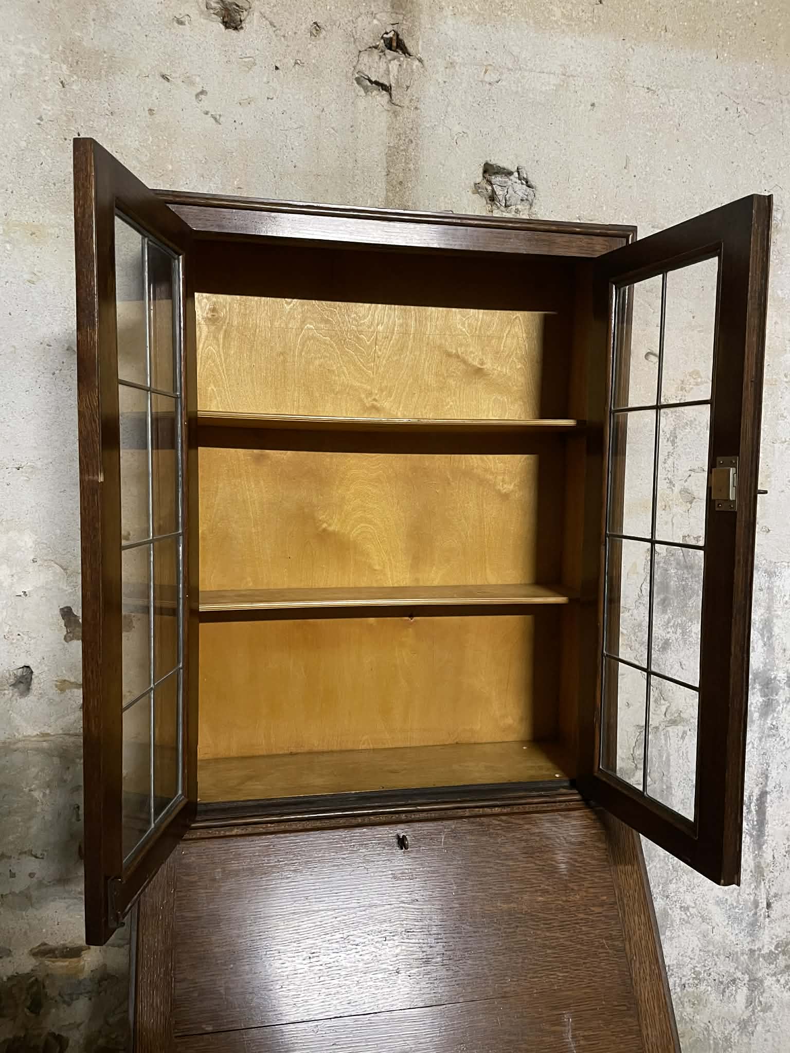 Secrétaire vitrine en chêne meuble 2 corps avec abattant