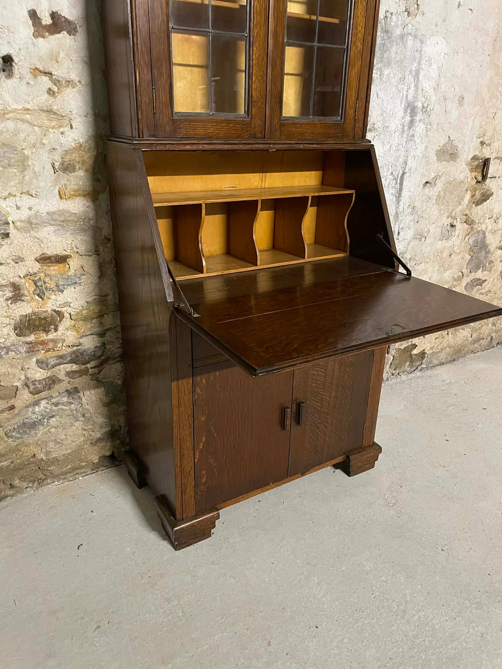 Secrétaire vitrine en chêne meuble 2 corps avec abattant