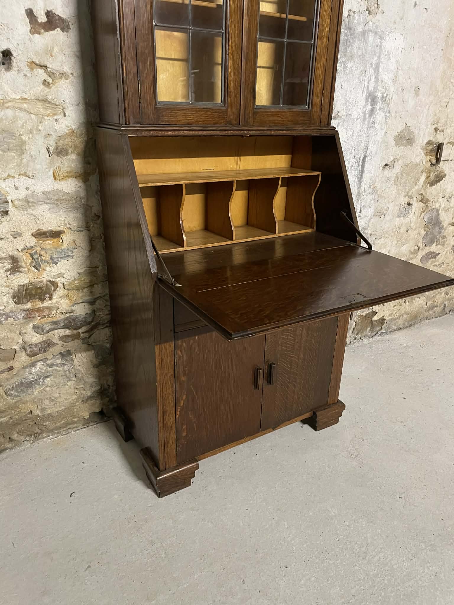 Secrétaire vitrine en chêne meuble 2 corps avec abattant