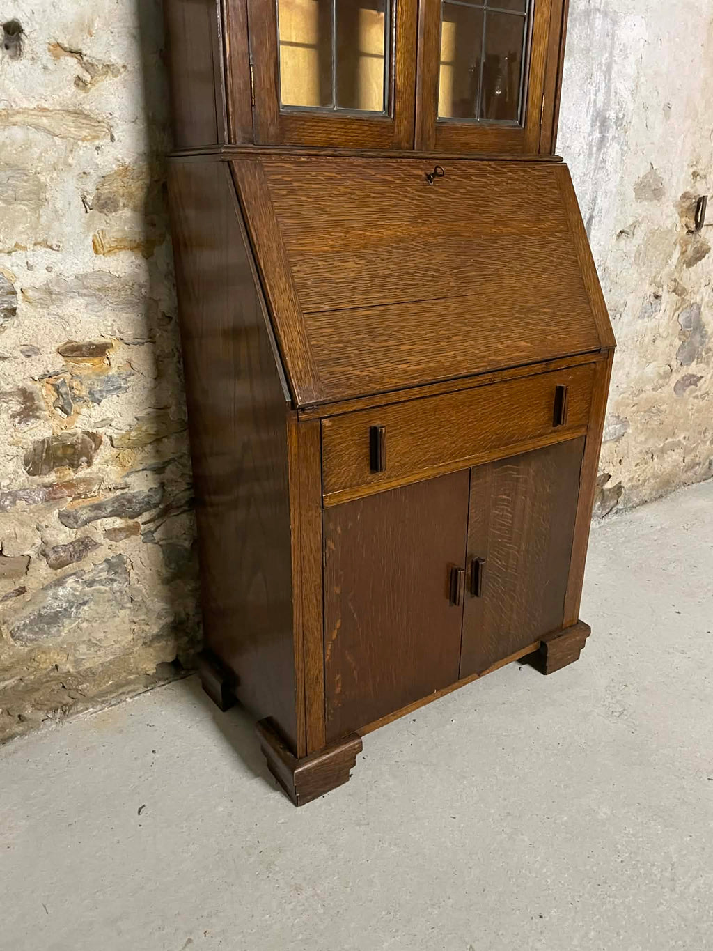 Secrétaire vitrine en chêne meuble 2 corps avec abattant
