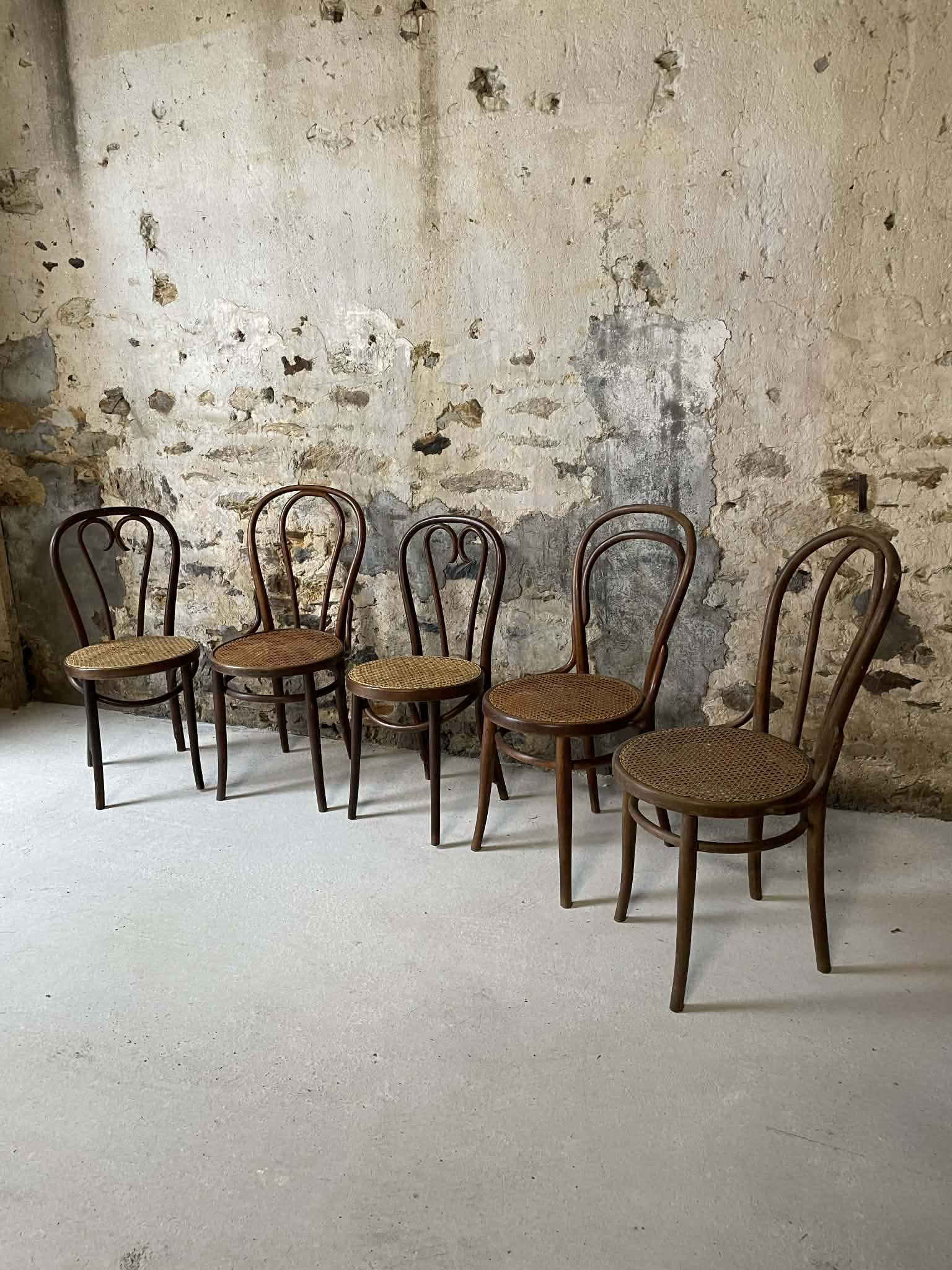 Lot de 5 chaises bistrot en bois courbé et cannage