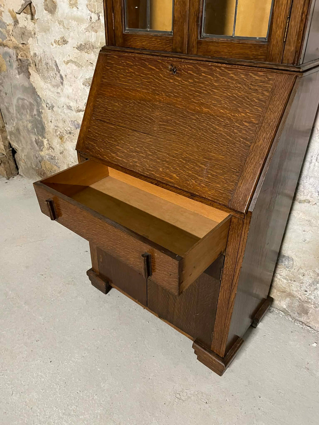 Secrétaire vitrine en chêne meuble 2 corps avec abattant
