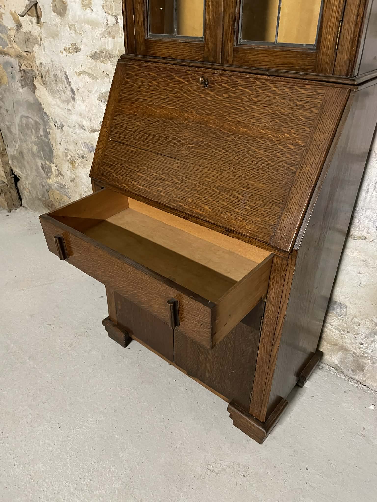 Secrétaire vitrine en chêne meuble 2 corps avec abattant