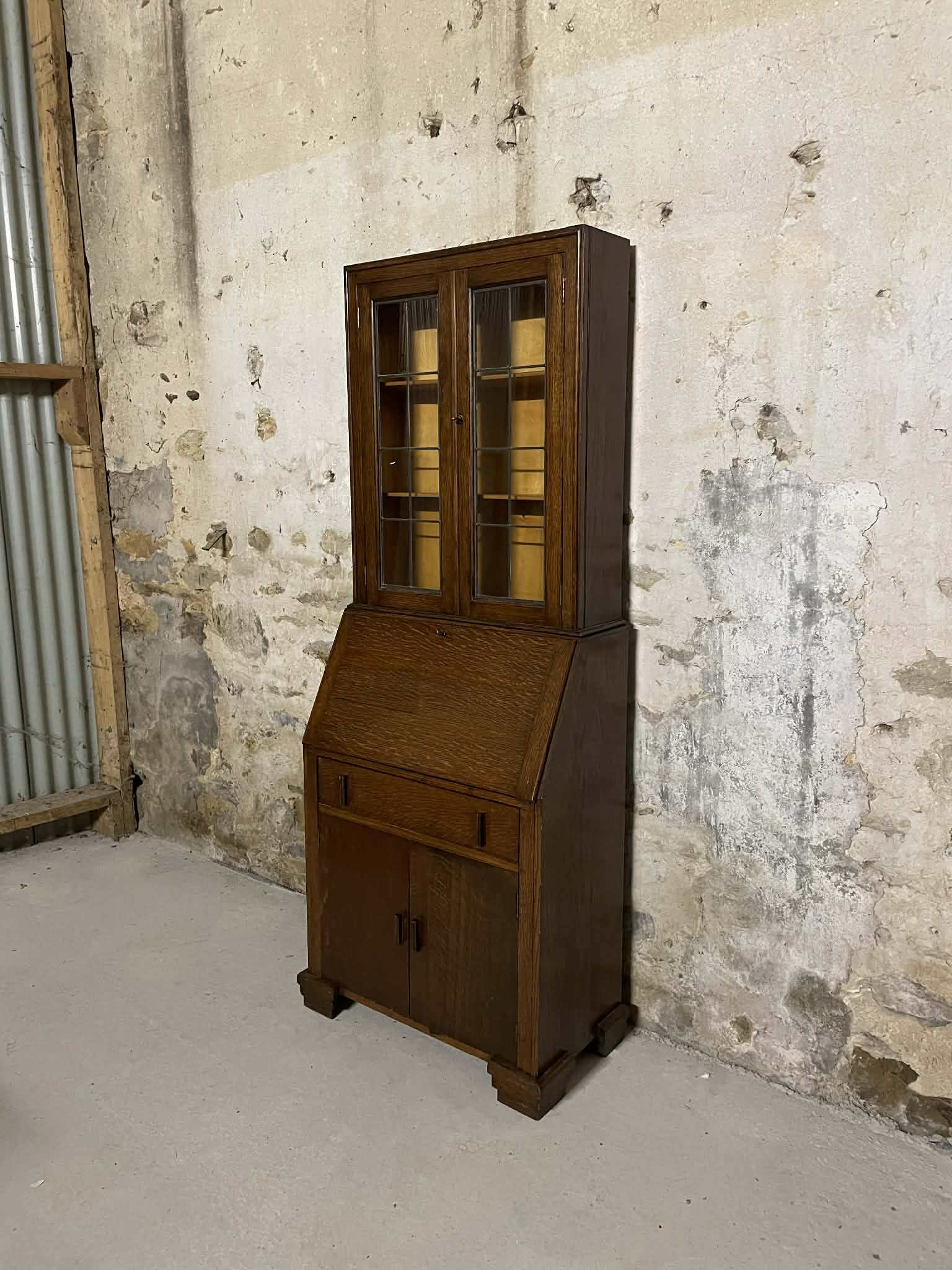 Secrétaire vitrine en chêne meuble 2 corps avec abattant