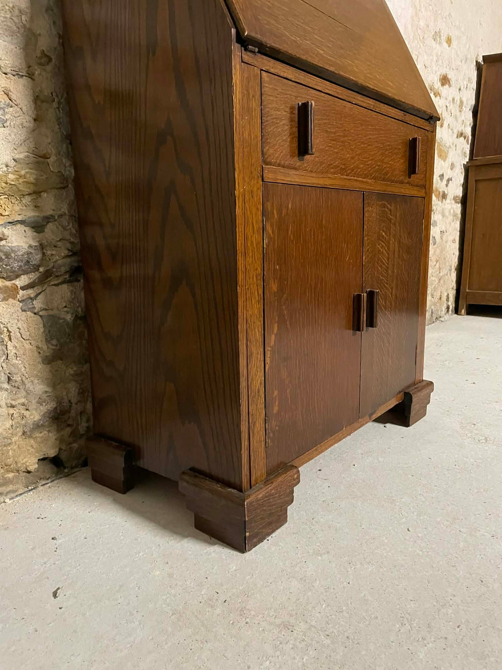 Secrétaire vitrine en chêne meuble 2 corps avec abattant