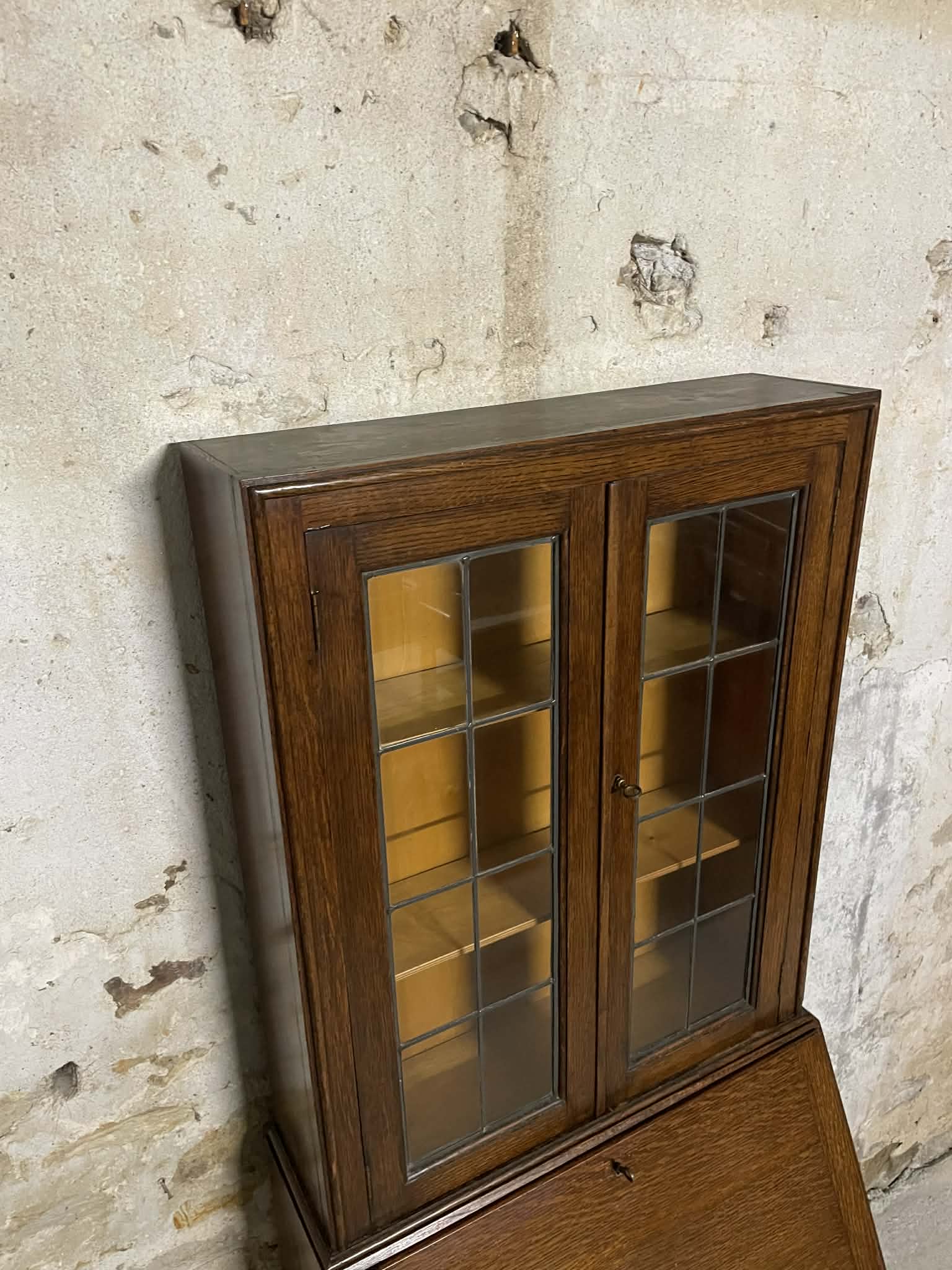 Secrétaire vitrine en chêne meuble 2 corps avec abattant