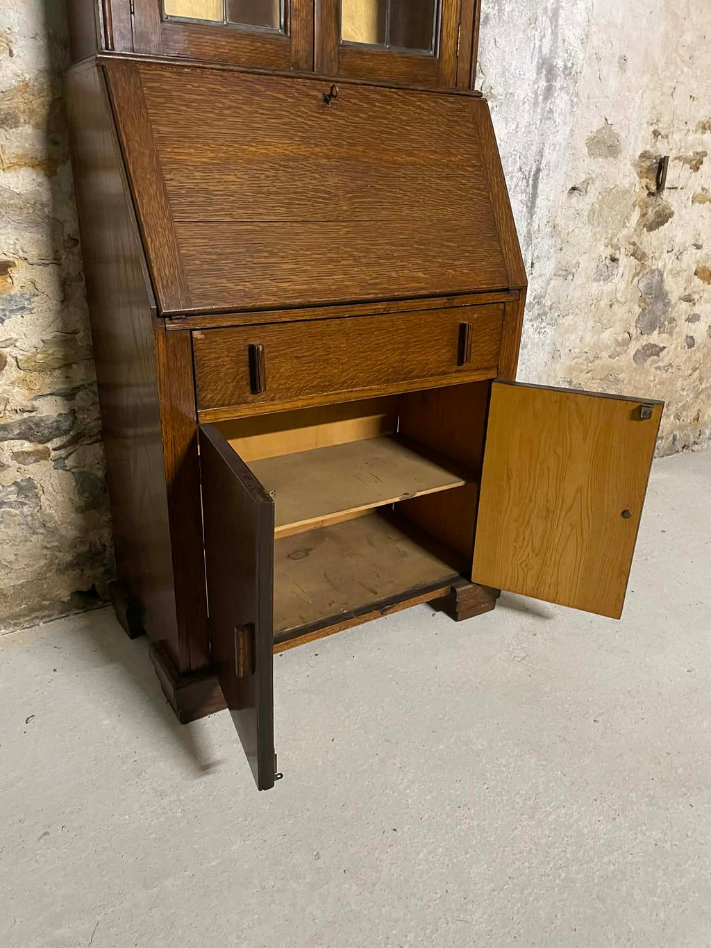 Secrétaire vitrine en chêne meuble 2 corps avec abattant