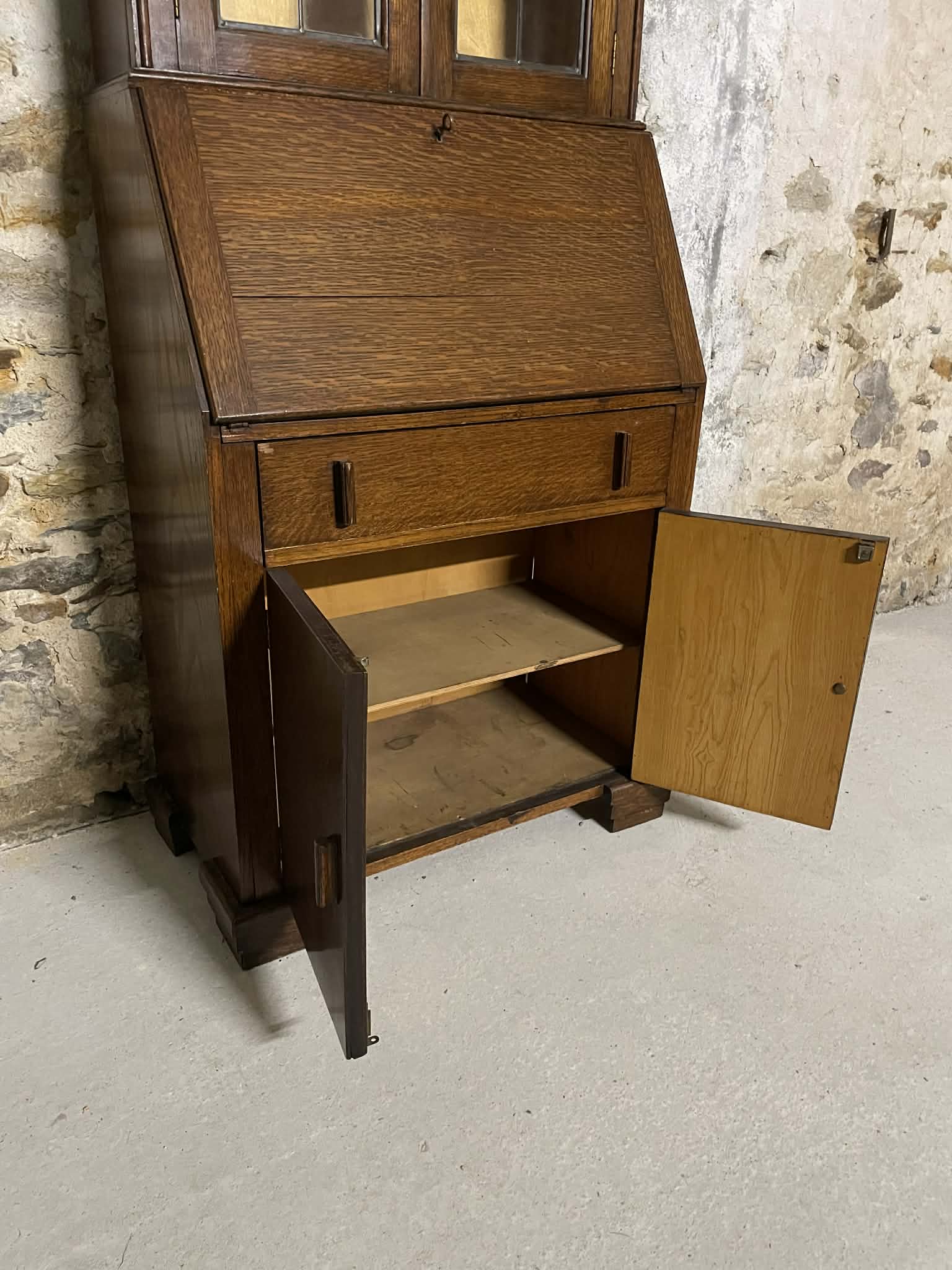 Secrétaire vitrine en chêne meuble 2 corps avec abattant