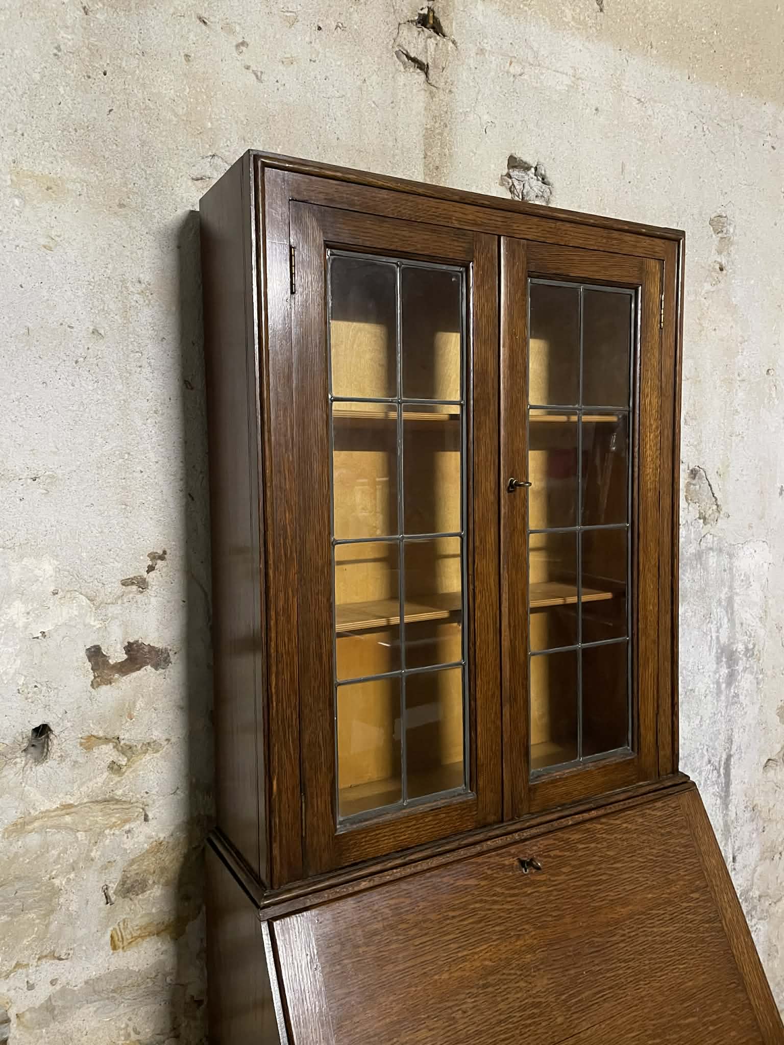 Secrétaire vitrine en chêne meuble 2 corps avec abattant
