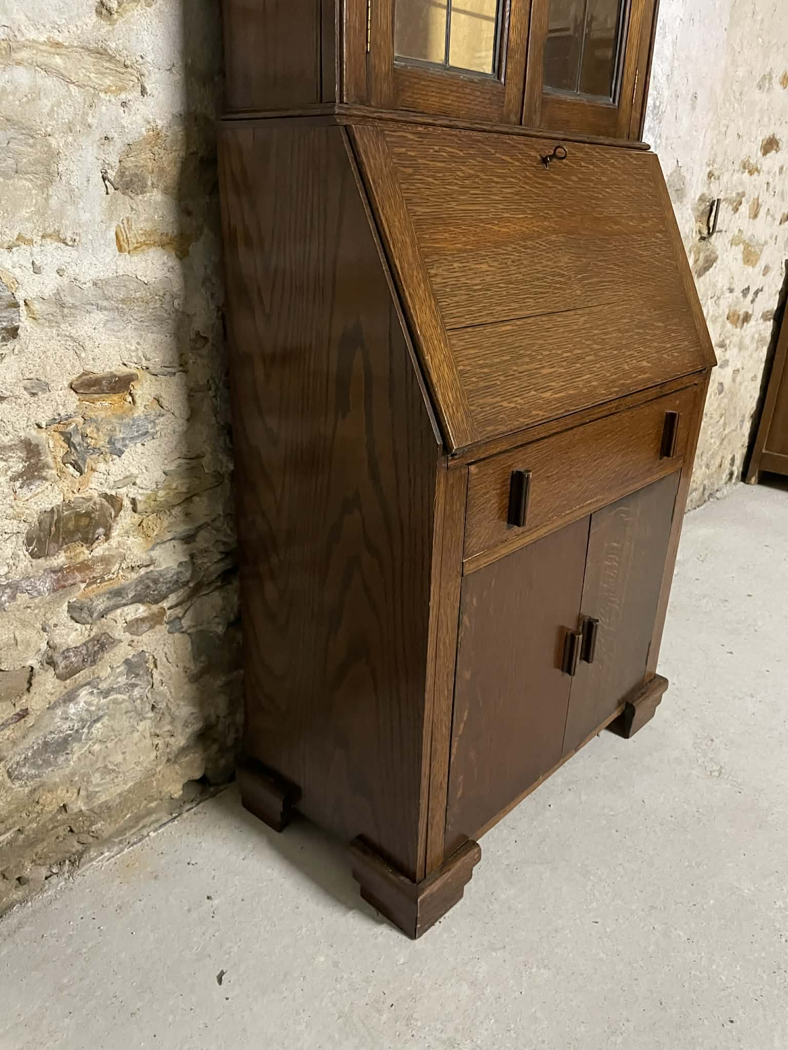 Secrétaire vitrine en chêne meuble 2 corps avec abattant