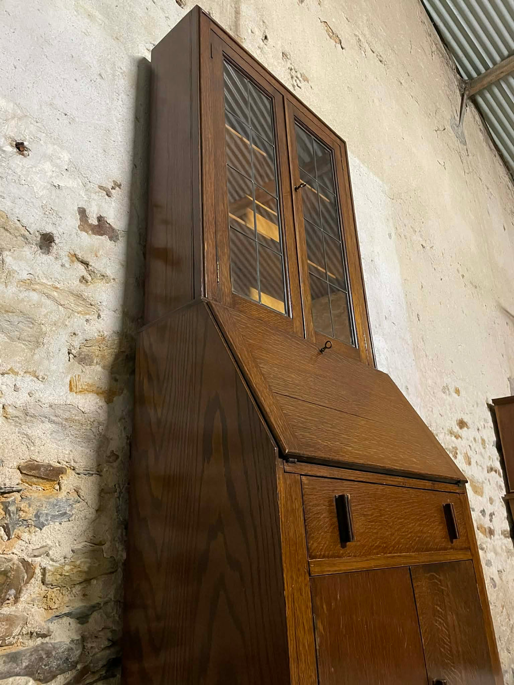 Secrétaire vitrine en chêne meuble 2 corps avec abattant