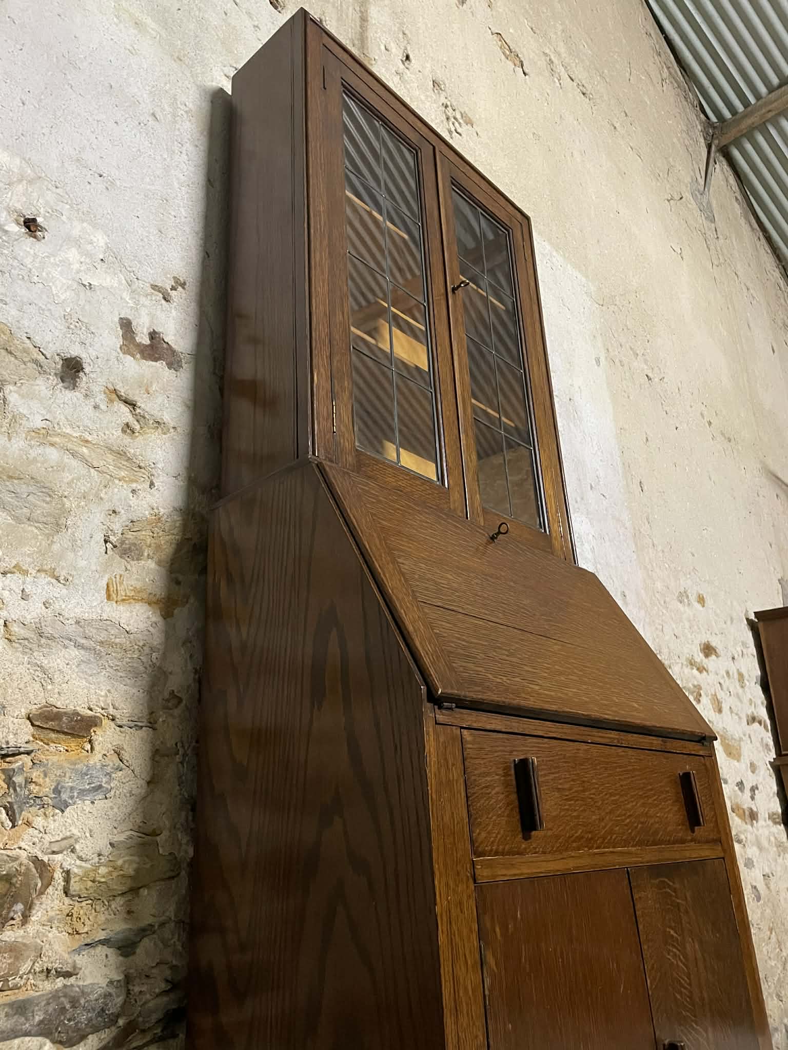 Secrétaire vitrine en chêne meuble 2 corps avec abattant